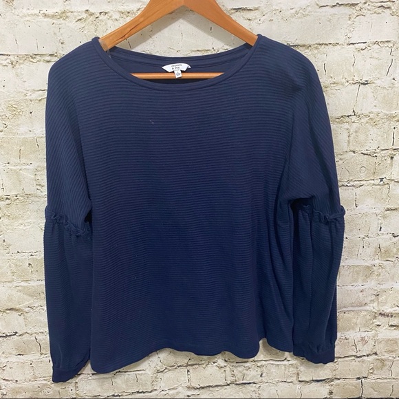 Crown & Ivy Navy Blue Ribbed Ruffle Cotton Sweater - Picture 1 of 5
